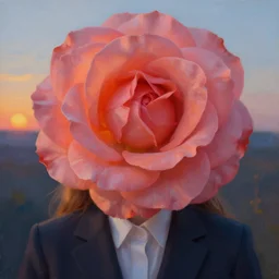 closeup, huge rose flower face, frontal, a girl in a suit, surreal photography, sunrise, dramatic light, impressionist painting, digital painting, artstation, simon stalenhag