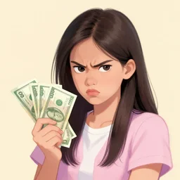 angry filipina girl holding money, pastel art