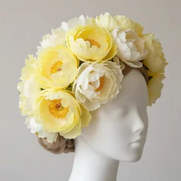 beautiful hairpiece made of yellow, cream and ivory flowers, peonies, in the style of james jean and moebius, pastel colors,