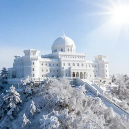 a magnificent snow - covered palace at the top of changbai mountain, with sunlight pouring down and a sea of red petunia flowers at the foot of the mountain ， super wide angle ， chinese style ， matte painting ， rtx on ， trending on cgsociety and artstation, volumetric light ，