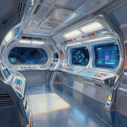 a still life painting of a star trek starfaring spaceship interior, bright and chrome retrofuturistic 5 0 s, perspective from the side. futuristic touchscreens. in the style of noriyoshi ohrai and syd mead, unreal 5 render