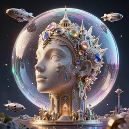 space ship, soap bubble mind, highly detailed ornate with jewels and precious metals futuristic, half sandman kingdom, half kingdom of dreams, space ships, hiperrealistc, global illumination, radiant light, moebius