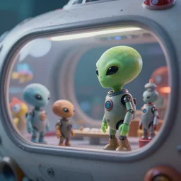 closeup profile photo of cute alien robots inside a retro flying saucer with large windows, nicoletta ceccoli, mark ryden, lostfish, photography 4 k, full body, f 1. 8 anamorphic, bokeh, 4 k, canon, nikon