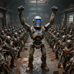 a realistic deranged robot with a welding helmet, arms held high in triumph, standing in front of hundreds of robots inside a huge rusty dingy warehouse, army of robots, raygun gothic, atomic punk, digital art, detailed octane render, high angle