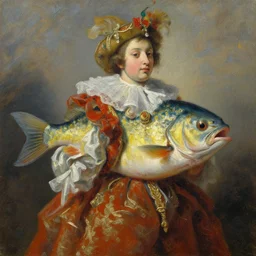 baroque impasto oilpainting of a fish wearing a costume