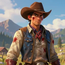 a portrait of a bloody mysterious colorful cowboy in a mountain scenery, cartoon, unreal engine, octane render, artstation, digital art.