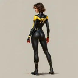 full body character turnaround of a woman in an orb weaver inspired outfit, textured suit, character sheet, spiderwoman!!!!!, john singer sargent, good value control, highly detailed portrait, digital painting, concept art, running shoes, sharp focus, illustration, 8 k, octane render, black undersuit, black primary color with yellow secondary color, realistically proportioned body