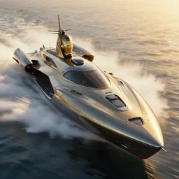 an iron man concept yacht, cyberpunk speedboat, battle, ultra realistic, sci-fi, fantasy, smooth, intricate, highly detailed, golden hour, epic lighting, concept art, sharp focus, artstation, CGSociety, art by greg rutkowski and syd mead