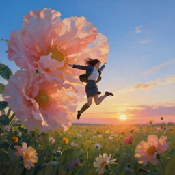 closeup, giant flowers head, girl in suit jumping in field of flowers, surreal photography, sunrise, blue sky, dramatic light, impressionist painting, digital painting, artstation, simon stalenhag