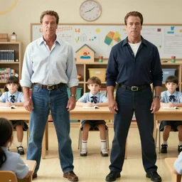 movie scene of two arnold schwarzenegger guarding a kindergarten.