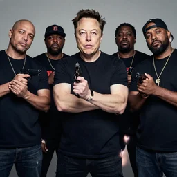 elon musk hangs out with the bloods and crips, holding guns, team photo with the boys