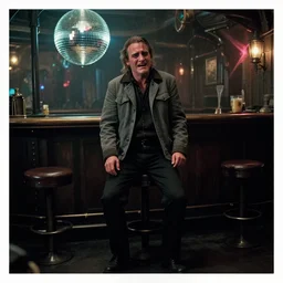 the full - body shot of crying unkempt drunkard brawler joaquin phoenix with sideburns worn in grey jacket in steampunk bar, still shot from withnail & i movie with cinematography of christopher doyle, frostpunk, neon light reflectied from discoball, anamorphic, optical flares, kodak film, masterpiece, 8 k