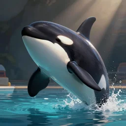 a person transforming into an orca pooltoy, hd, digital art