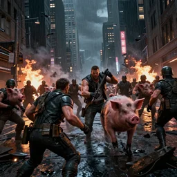 duke nukem battling his way through a destroyed new york, a hord of pigmen are chasing, during the night, rain, street fires, pigsoldiers, rendered in cryengine, volumetric lighting, rtx on