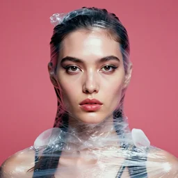 extremely detailed studio closeup portrait of a fashion model wrapped in plastic wrap. surreal photograph, lo - fi, polished look, solid background, silly and serious, hermes ad, fashion photography, toiletpaper magazine by pierpaolo ferrari and maurizio cattelan, 3 5 mm photograph, colourful, david lachapelle, canon eos c 3 0 0, 8 k, medium - format print