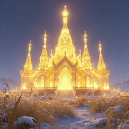 a flowery grassy golden godly glowing temple in a snowy environment, fantasy, rim light, lighting, winy, artstation, digital art.