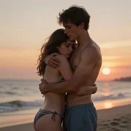 a boy embracing an emotional girl on the beach, sunset, bikini, extremely detailed, raytracing, smooth skin, art by artgerm, greg rutkowski and alphonse mucha, artstation