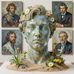 a sculpture portrait made of water and sand and flowers and plants, painting part by wojciech siudmak, part by ilya repin, part by max ernst, part by norman rockwell, artstation
