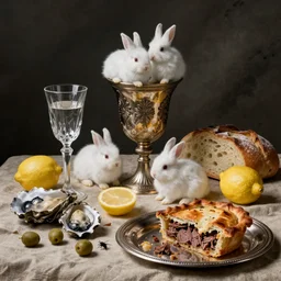 still life by willem claesz heda, overturned ornate chalice, tiny fluffy white bunnies, surreal glass goblets, bread, olives, oysters, peeled lemons, linen, a house fly, silver platter, leftover meat pie,