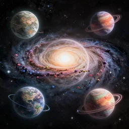 A realm of a vast galaxy, five planets, intricate, elegant, fantasy, highly detailed, digital painting, concept art, sharp focus, illustration, beautiful volumetric lighting, deep dark, artstation, magic hour lighting, colorful, springtime, by Elizabeth Miloecute