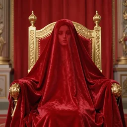 realistic photo of a a blurred face of a girl, covered in a red velvet sheet in sitting on a throne in a red royal room 1 9 6 0, life magazine photo, natural colors, metropolitan museum, kodak, 8 k, very detailed, high resolution, product photo,