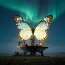 mist hazy, on a night with the northern lights, a giant glowing butterfly sits on an oil platform in the prairie ， by craig mullins