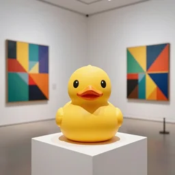 one photorealistic rubber duck on a pedestal in an art gallery, the walls are covered with colorful geometric wall paintings in the style of sol lewitt.