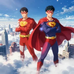 two superheroes in the clouds city of stars scenery anime style hd 8 k