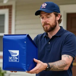 a closeup photorealistic illustration of post malone delivering mail as a us mail carrier holding blue bag. fine detail. this 4 k hd image is trending on artstation, featured on behance, well - rendered, extra crisp, features intricate detail, epic composition and the style of unreal engine.
