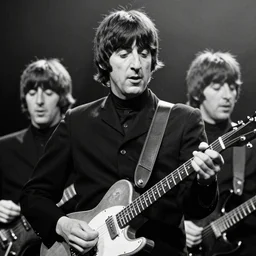 charles manson playing guitar on stage with the beatles, black and white, high quality photography, realistic, detailed, uncropped, realistic face,