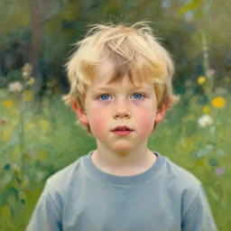 a cute seven year old boy with tousled blonde hair and blue eyes in a lovely garden, beautiful painting by magali villanueve and raymond swanland