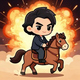 chibi chuck norris riding a pony, explosions in the background