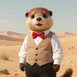 Character portrait of a happy furry cartoon anthro stoat wearing a white_dress_shirt, tan_vest, red_bowtie, and black_slacks in the desert wilderness, intricate, elegant, highly detailed, digital painting, artstation, concept art, smooth, sharp focus, illustration, art by Krenz Cushart and Artem Demura and alphonse mucha