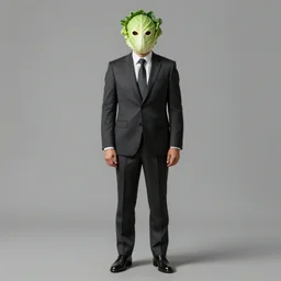 a man wearing a cabbage mask and formal suit, full height, digital painting, highly detailed, 8 k, hd, intricate, by rutkovski, beksinski, simonetti