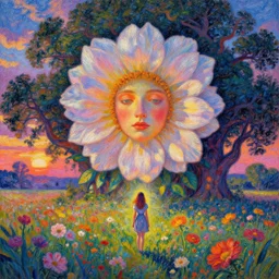 gigantic flower face, girl standing in flower field, surreal photography, big trees, sunrise dramatic light, impressionist painting, colorful clouds, digital painting, pointillism, artstation, simon stalenhag