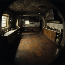volumetric shadows, volumetric lighting, black goya painting, el grego, fisheye, curved perspective, naive, extra narrow, by rhads, an underground kitchen with large floor