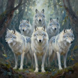 enlightened pack of spirit wolves made out of nature by  MICHAEL DIVINE and by AMANDA SAGE in the style of oil painting visionary art, trending on artstation, very coherent