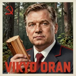 soviet propaganda poster of viktor orban in a forest, highly detailed face, holding a wood piece