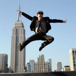patrick bateman jumping of empire state building, in american psycho ( 1 9 9 9 )
