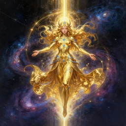 a golden goddess with blue adornments quarter turn figurative anime portrait, in space, transcending to a higher plane, blasting into outer space, the eternal blessing the holy nexus, in the multiverse, lazer light beaming down to top of her head, by android jones, digital painting, 4k wallpaper, intricate detail, brush strokes, masterpiece, by Ilya Kuvshinov, by Rembrandt, by Thomas Kinkade, by Moebius, By Tite Kubo, by Kentaro Miura, beautiful, gorgeous, hyperspace