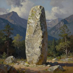 runestone, monument, megalithic, nature, trees, mountains, focused, centered, very detailed, oil painting