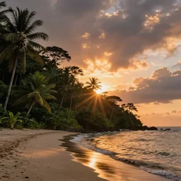 sunset, art by greg rutkowski and magali villeneuve, jungle beach