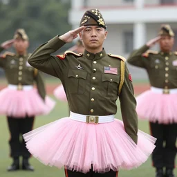 a soldier saluting his general, wearing pink tutus
