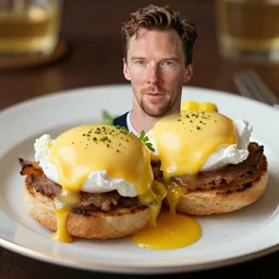 benedict cumberbatch as eggs benedict, highly detailed, extremely high quality, hd, 4 k, 8 k, professional photographer, 4 0 mp, lifelike, top - rated, award winning, realistic, detailed lighting, detailed shadows, sharp, no blur, edited, corrected, trending
