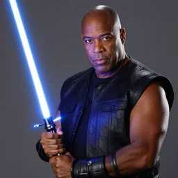 steve harvey holding lightsaber, realistic, photo, detailed