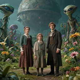 sharp, highly detailed, film from a 2 0 1 9 sci fi 8 k movie, set in 1 8 6 0, a family standing in a park on a strange alien planet, surrounded by alien plants and flowers, wearing 1 8 6 0 s clothes, atmospheric lighting, in focus, reflective eyes, 3 5 mm macro lens, live action, nice composition