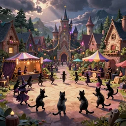 A bustling magical town with witches and black cats dancing around a colorful music festival in its center, inspired by Victorian England and Amsterdam, highly detailed, digital painting, artstation, concept art, matte painting