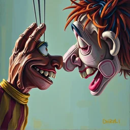 colored oil painting character study of hand made puppet of todd solondz, material puppet, vivid colors, storyboard, dramatic and emotional, concept design, realistic. by neil hughes, sarah webb, katie boyce, pixar. cinematic atmosphere, detailed and intricate, perfect anatomy