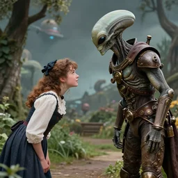 detailed, sharp, a girl meeting the humanoid alien king, bowing to him, wearing 1860s era clothes, in a park on an alien planet, steampunk, extremely highly detailed, hyperrealistic, highly detailed faces, 70 mm still from a period sci fi color movie, 4k