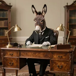 2 0 megapixels, aristocratic, vintage photo of an anthropomorphic perfect donkey wearing a perfect suit sitting behind a perfect victorian desk, 1 9 4 0, professional photography, trending on the times magazine, ultra detailed, beautiful, precise